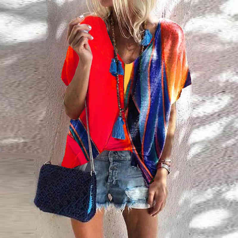 Women Fashion Print T Shirt Summer V-Neck Loose Tops Casual Streetewear Ladies Oversized T-Shirts Tee Top Plus Size 5XL 210515