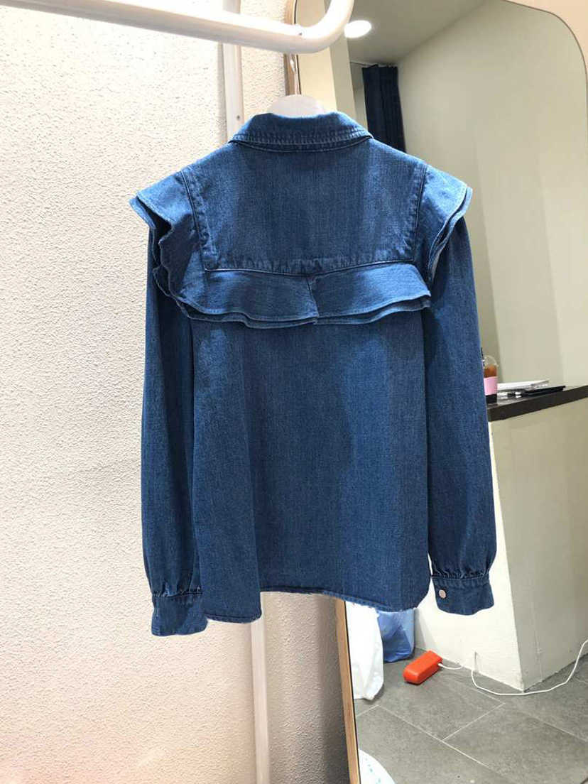 Spring Fashion Turn Down Collar Buckle Wood Ear Full Women Denim Shirts 210615Z