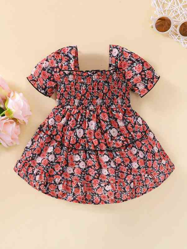 Baby Allover Floral Frill Trim Shirred Dress SHE