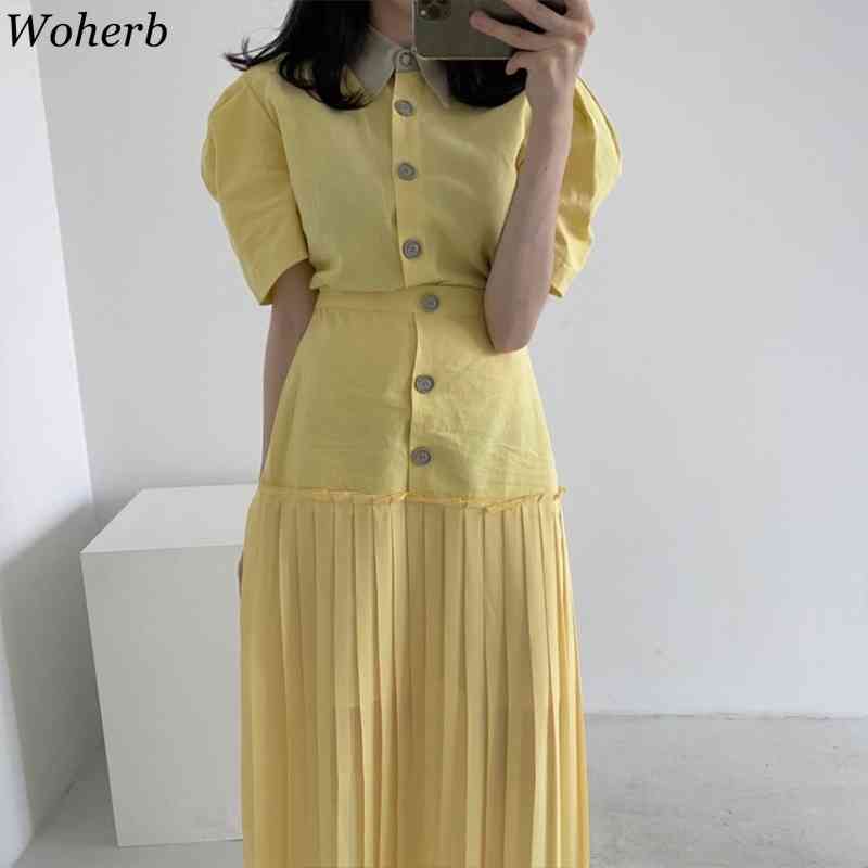 Vintage Puff Sleeve Blouse + High Waist Pleated Skirts Women Fashion Two Peices Long Skirt Sets Summer Elegant Outfits 210519