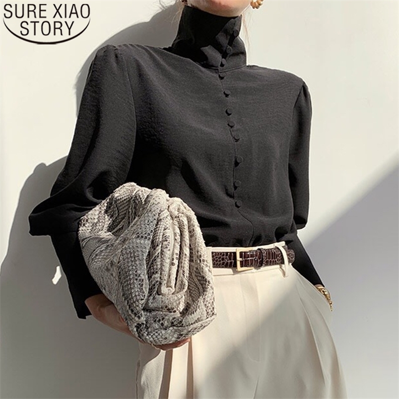 Turtleneck Lantern Sleeve Shirts for Women Elegant Black Blouse Office Lady Fashion Button Solid Female Clothing 12882 210506