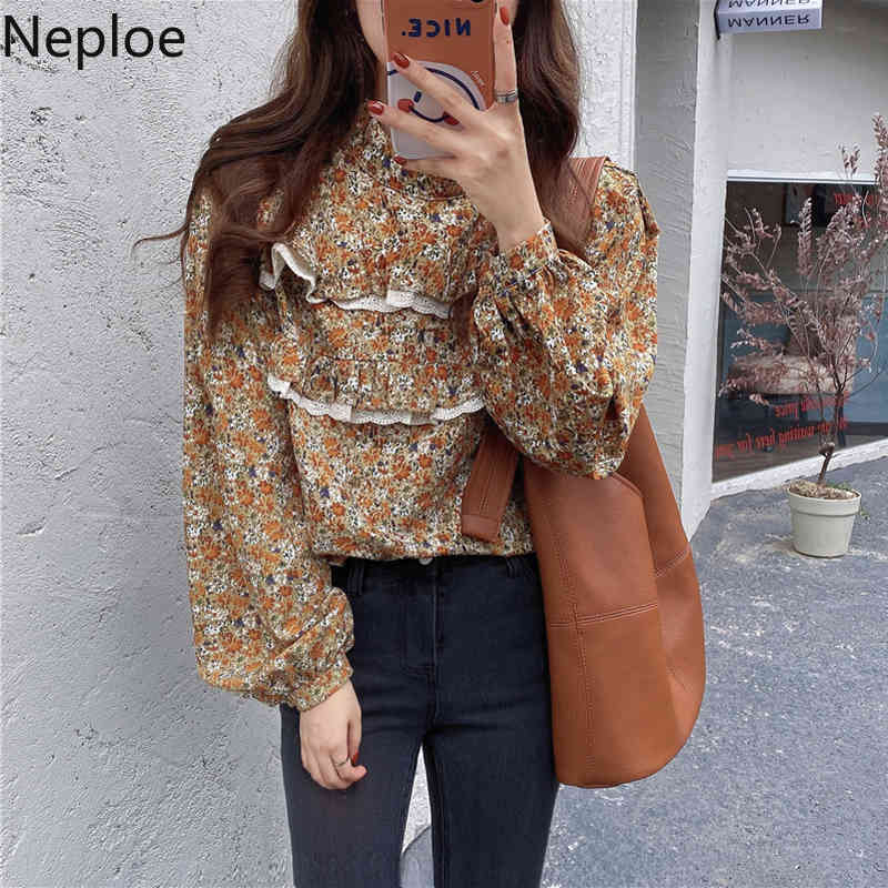 Neploe Korean Chic Vintage Shirt Stand Neck Loose Floral Blouses Women Lace Patchwork Ruffles Blouse Blusas Mujer De Moda 210422