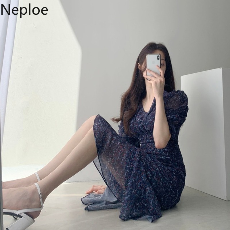 Neploe Summer Dress Women V-Neck Temperament Floral Chiffon Vestidos Mujer Korean Slim Short-sleeved Bodycon Fishtail Dresses 210422