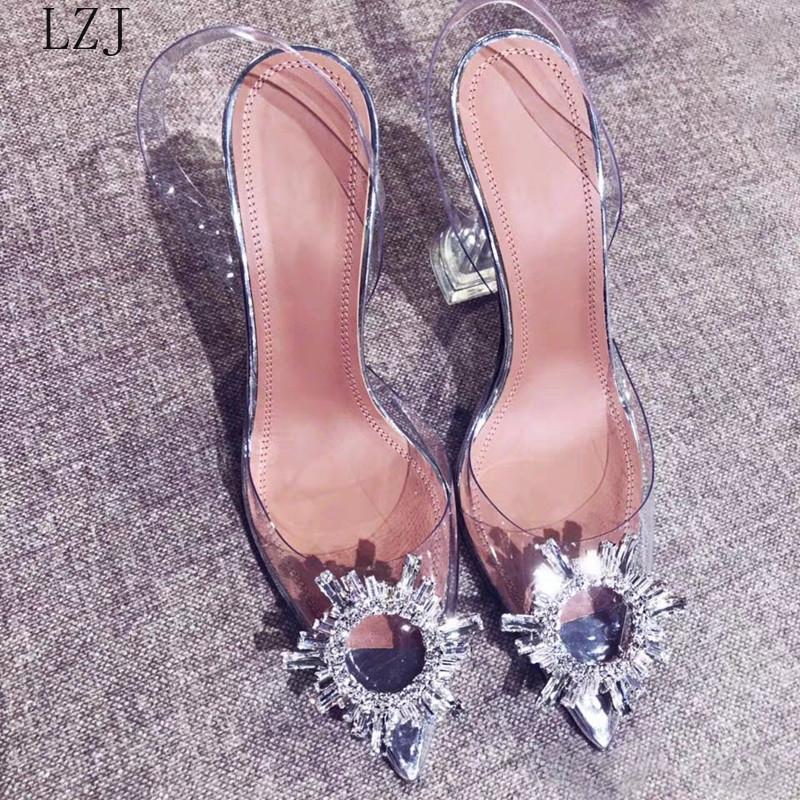 Women's High Heel Sandals 2021 Summer Pointed Low Rhinestone Decorative 42 Large Size Jelly Shoes