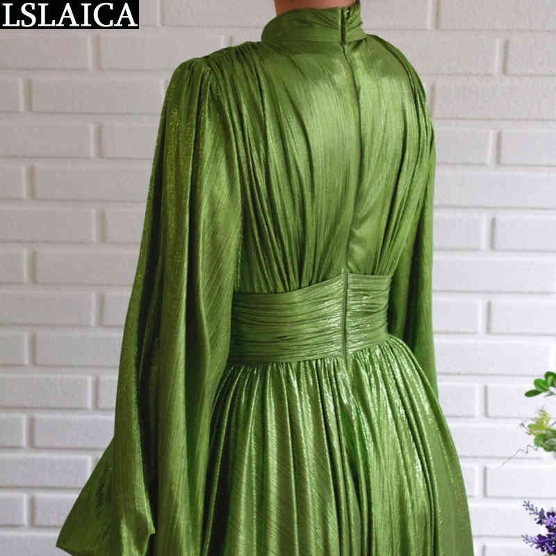Elegant Party Sexy Dress Turtleneck Green Slim Big Swing Maxi Long Sleeve Evening Clubwear Women Draped Robe Longue 210515