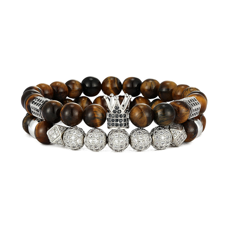 High Quality Tiger Eye Beads Strands Gold Plated Copper Crown Charm Bracelet Jewelry for Men Gift