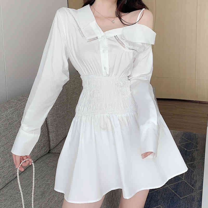 Spring and Autumn Korean Style Long Sleeve Shirt Dress Cropped shoulder Splicing Lace dress Casual Dresses 210506