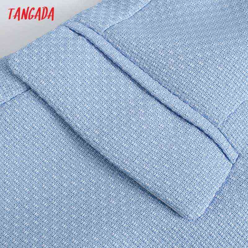 Tangada Women Fashion Blue Tweed Blazer Coat Vintage Long Sleeve Office Lady Outerwear Chic Tops QD83 211122