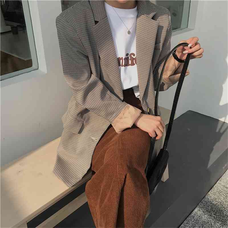 Vintage Single Breasted Office Ladies Plaid Blazer Long Sleeve Loose Suit Coat Jacket Women blazers Female 210514