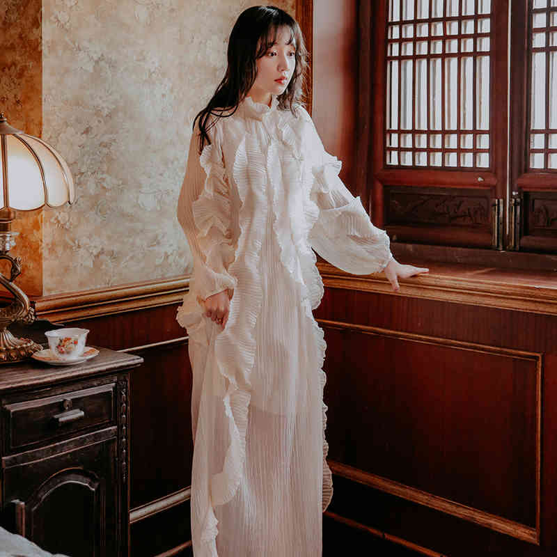 Comelsexy Women Spring /fall Elegant Long Sleeve White Pleated Ruffle Maxi Long Dress High-end Runway Dress Vestidos 210515