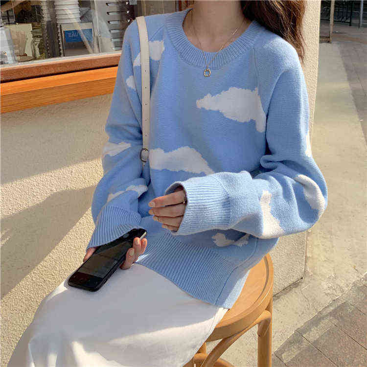 Korean Cartoon Cloud Women Sweater Chic Causal Oversized Knitted Pullover Tops Autumn Pull Jumpers 6B805 211109