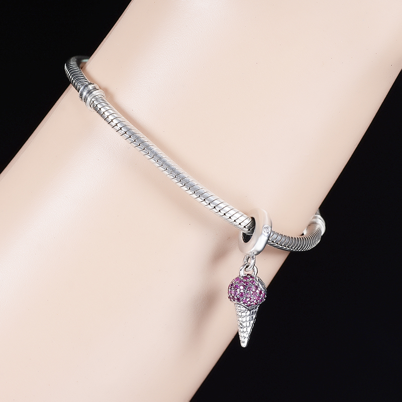 Fit Original Pan Charm Bracelet 925 Sterling Silver Summer Green Enamel Ice Cream Zircon Crystal Bead Pendant Women For Making Berloque DIY