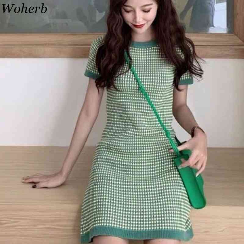 Women Knitted Dress Summer Short Sleeve Plaid Green O Neck Dresses Ladies Sweet Robe Korean Vestidos 210519