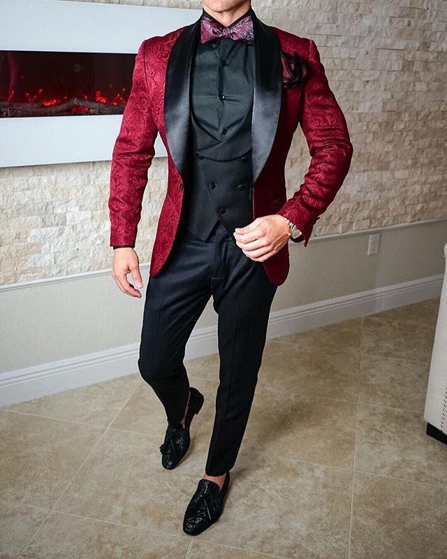 Latest Design One Button Wine Paisley Groom Tuxedos Shawl Lapel Wedding/Prom/Dinner Groomsmen Men Suits Blazer (Jacket+Pants+Vest+Tie) W1339