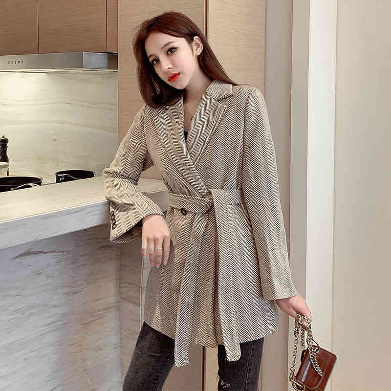 Winter Korean Clothes Loose Coat Woman England Woolen Slim Suit Jacke Twith Bow Sashes Female Blazer Women Feminino Tweed 210515