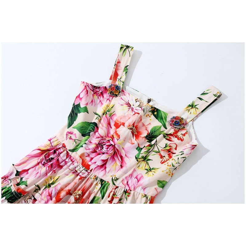 Runway Fashion Summer Floral Print Spaghetti Strap Dress Women's Sexy Backless Ruffles Petal Buttons Vintage Midi Dresses 210506