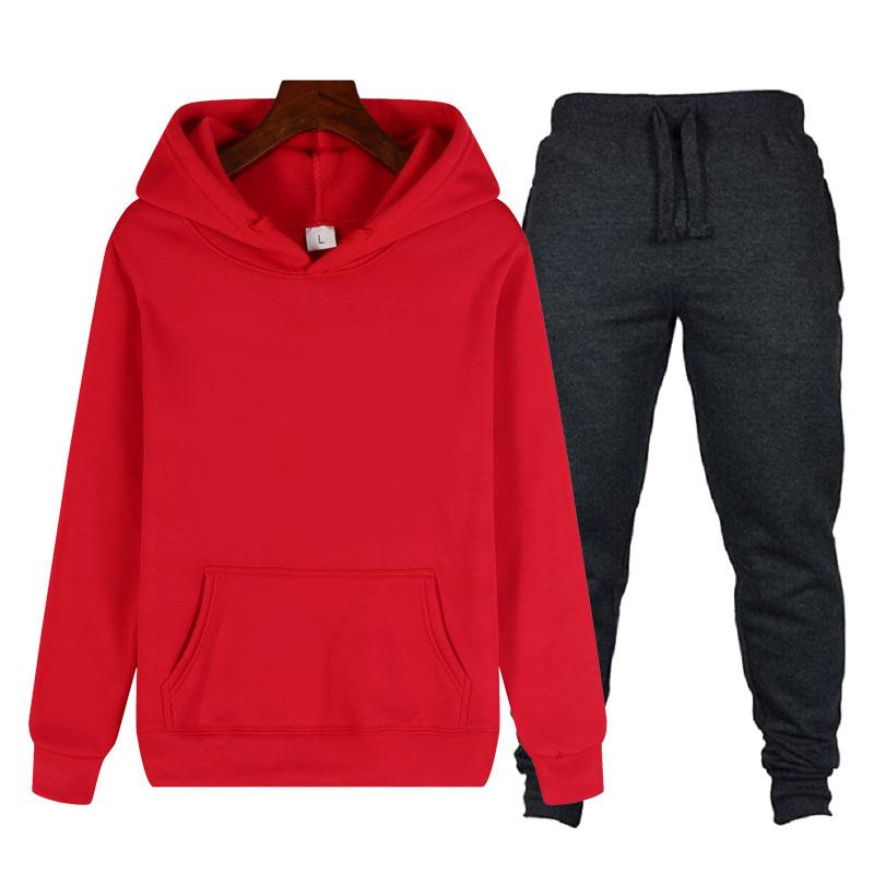 Spring And Autumn Men's Casual Sports Suit Lace Hoodie Pocket + Tie Rope Fashion Pants Two-piece Solid Color Streetwear Tracksuits