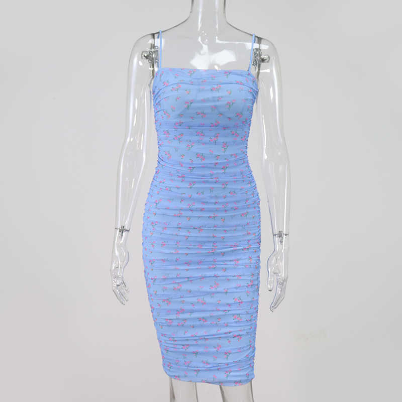 Colysmo Floral Dress Women Backless Sexy Bodycon es Summer Beach Party Club Wear Pleated Ruched Knee-length 210527