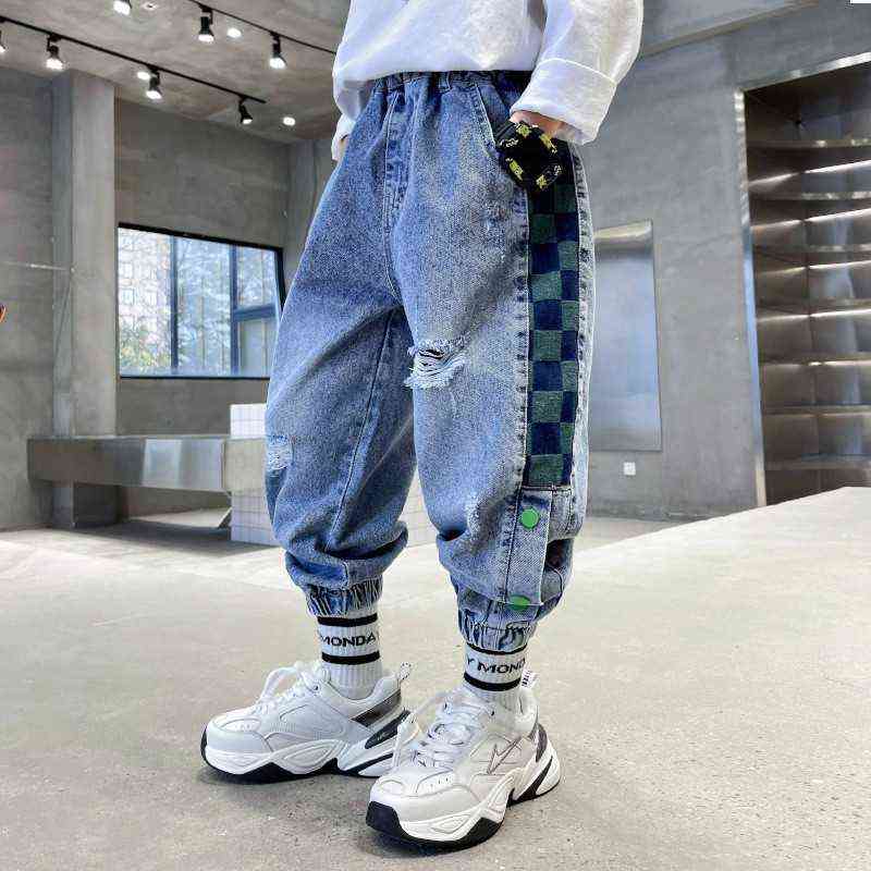 Boys Jeans 2022 New Fashion Spring Autumn Teens Loose Elastic Casual Blue Children Ripped Trousers Cowboy Pants 4 6 8 10 12 14 Y W220225