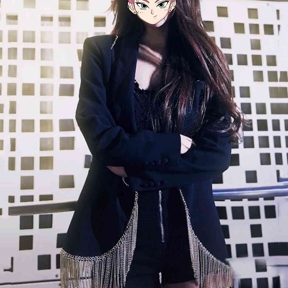 Fall Streetwear Coat Jacket Women's Tassel Chain Short Slim Cardigan Clip White Black V-neck Sexy Party 210525