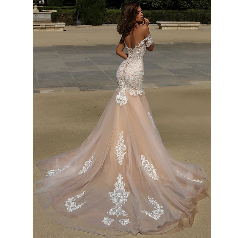 2022 Sexy Backless Short Sleeve Mermaid Wedding Dresses Appliques Lace Long Garden Beach Bridal Gowns Robe de mariée Back Lace-Up Bride Dress Vestidos
