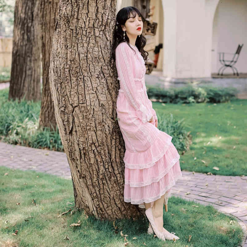 Fashion Autumn Patchwork Pink Women Dress Ladies Flare Sleeve Bow Collar High Waist Layer Cake Ruffles Midi Dress 210515