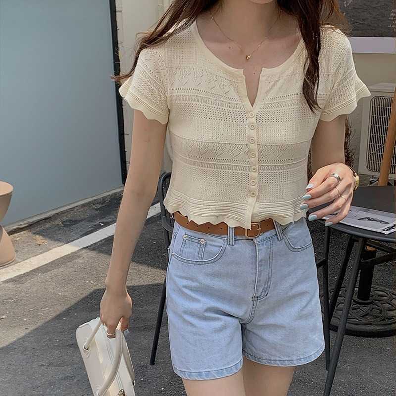Elegant Hollow Out Wave Short Sleeve T-Shirts Summer Thin Knit Clothes Single-Breasted Top Cardigan Solid Blouses for Women 210525