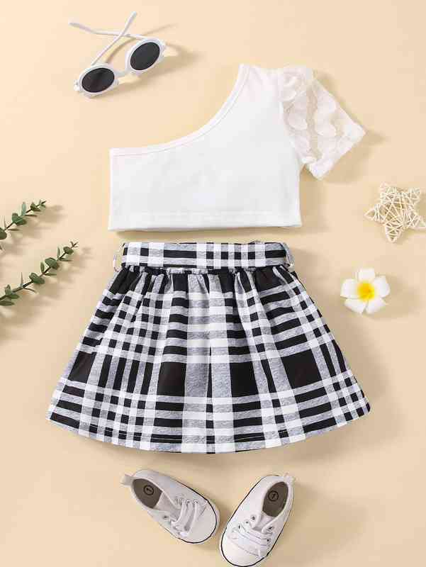 Baby One Shoulder Contrast Polka Dot Mesh Top & Plaid Belted Skirt SHE
