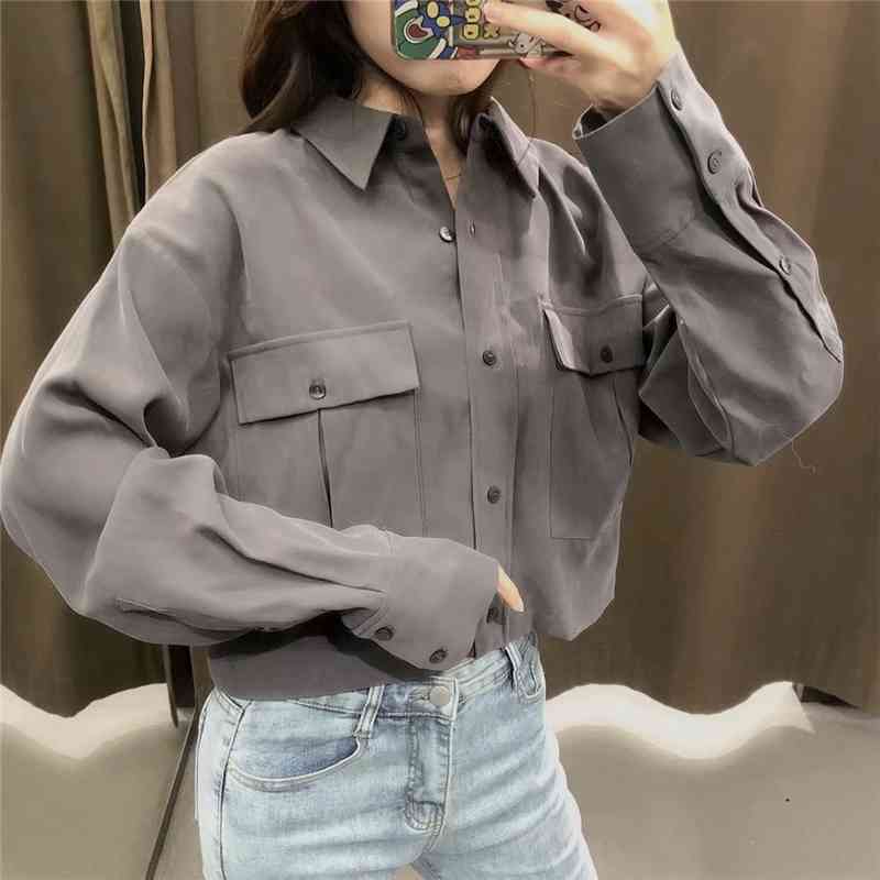 Elegant Women Pocket Shirts Fashion Ladies Loose Turn Down Collar Tops Streetwear Female Chic Button Short Blouses 210430