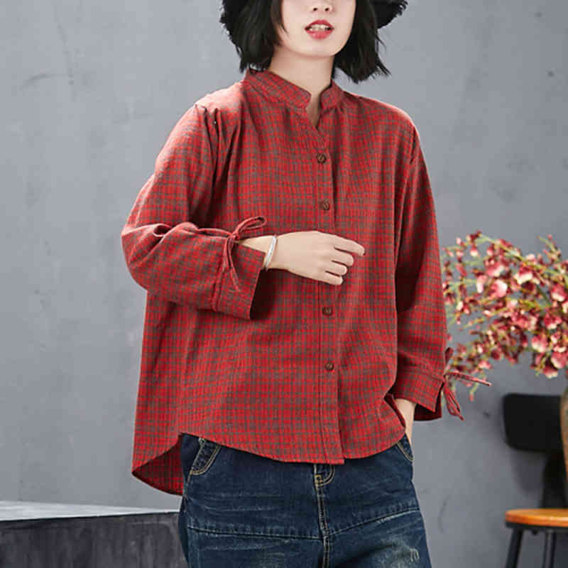Spring Arts Style Women Long Sleeve Stand Collar Vintage Plaid Shirts Coat All-matched Casual Loose Blouse Female Tops S470 210512