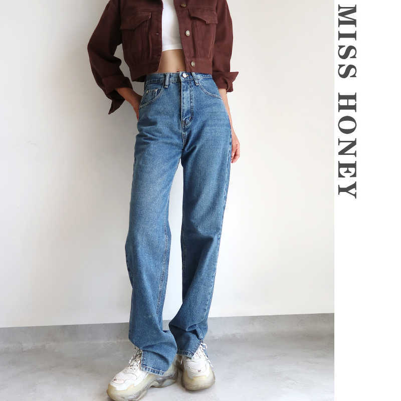 WOMENGAGA High Waist Casual Slim Slimming Jean's Washed Dark Blue Loose Straight Pants Trousers XUX9 210603