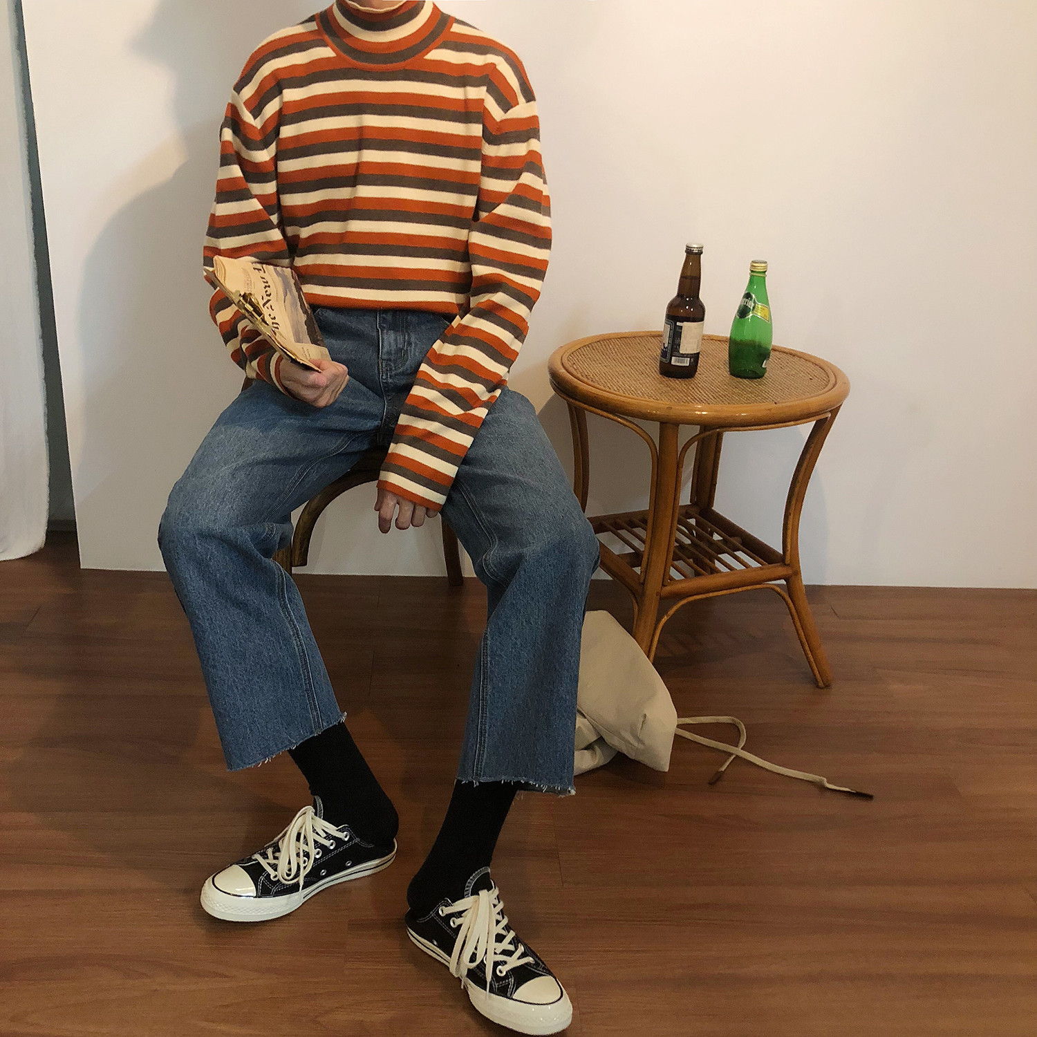 IEFB / men's and women's wear Turtleneck Knitting long sleeve thin sweater vintage spring Loose Stripe tops 9Y1211 210524