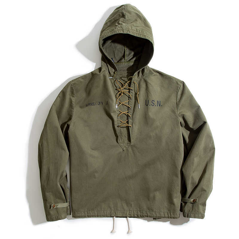 Maden male Hooded Pullover Long Sleeve Deck Parker Jacket Drawstring Neckline Workwear Green Cuffs Ribbon Closure 210813