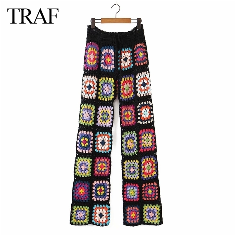 TRAF Women's Clothes Pants Handmade Crochet Sexy Hollow Out Black Square Motif 4 Season Women Special 211115