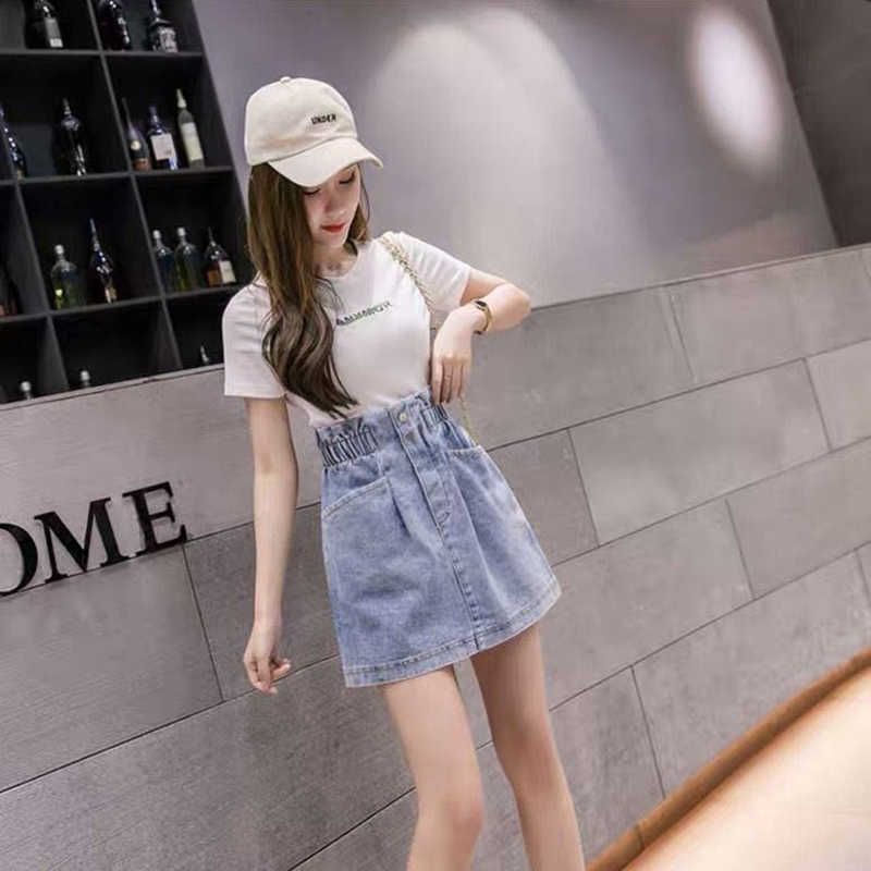 Elastic High Waist Denim Skirt Woman Skirts Mini Jean Pockets Casual Streetwear Female A-line Sexy Black 210619