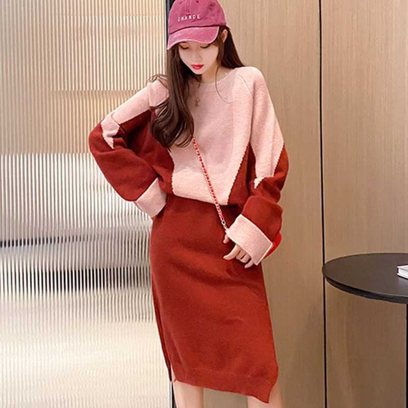 Yedinas Office Ladies Knitted Two Piece Women Sets Skirt Long Sleeve Patckwork Winter 2 Set For Midi Korean 210527