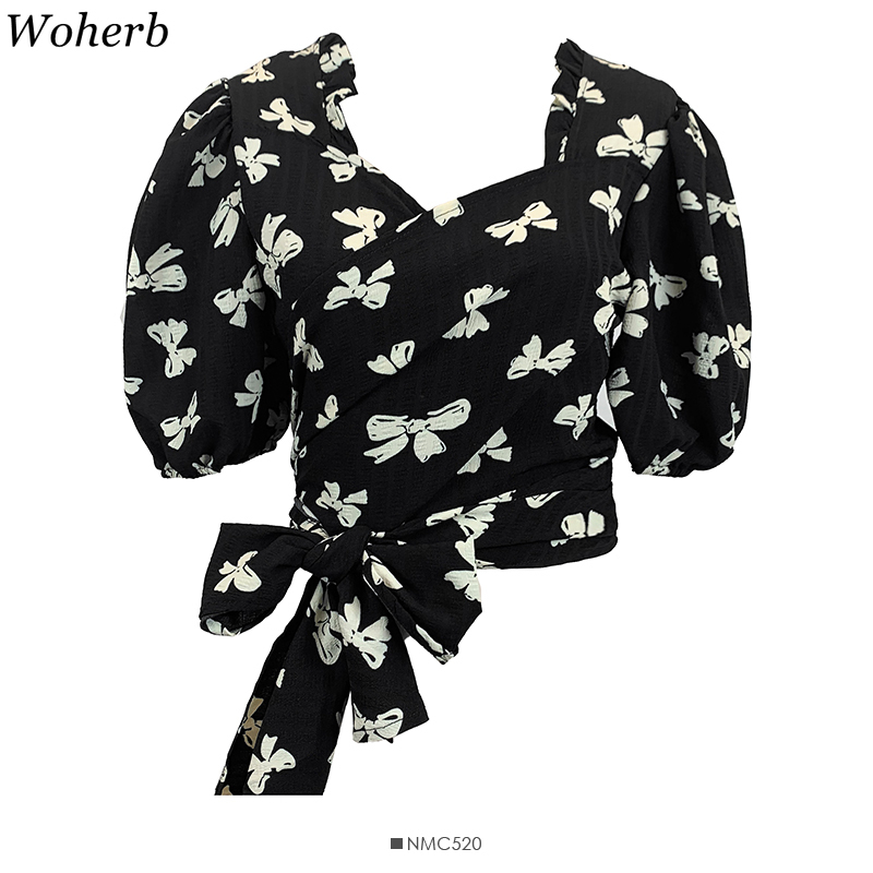 Bandage Bow Print Crop Tops Women Summer Blouses Chiffon Puff Sleeve Shirts Chic V Neck Fashion Simple Blusas Mujer 210519