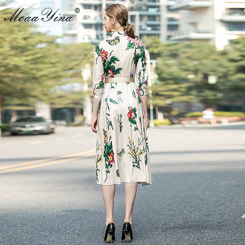 Fashion Runway dress Spring Summer Women's Dress Floral-Print Elegant Lace up Dresses 210524