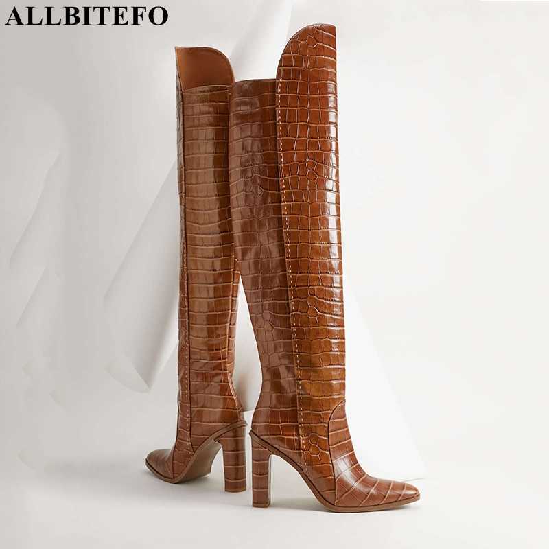 ALLBITEFO size 33-43 Lizard texture women high heel boots fashion party shoes women's knee high boots riding boots Bottes bottes 210611
