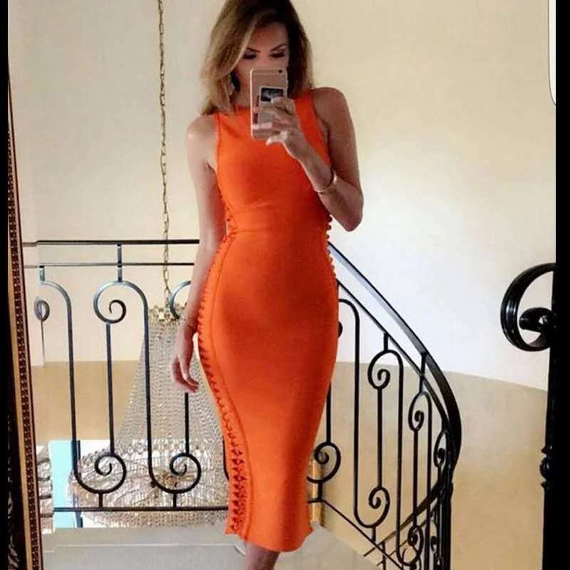 Women'S Summer Midi Bandage Dress Rayon Side Hollow Sleeveless Bodycon Vestidos Sexy Club Celebrity Party 210524