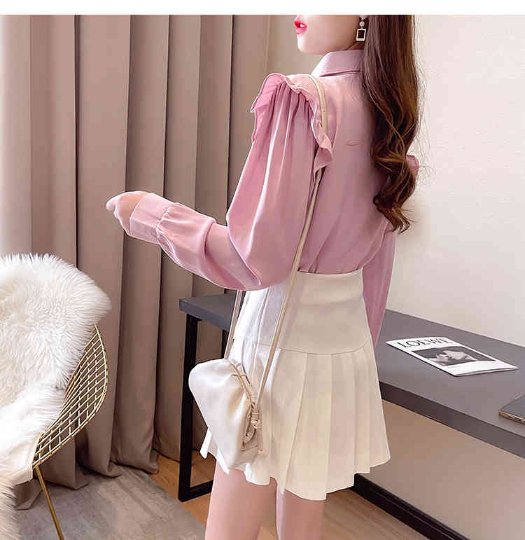 Girl Student 2 Piece Set Korea Sweet Bow Ruffles Long Sleeve Chiffon Shirts + High Waist Pleated Short Skirts Fashion Outfits 210519