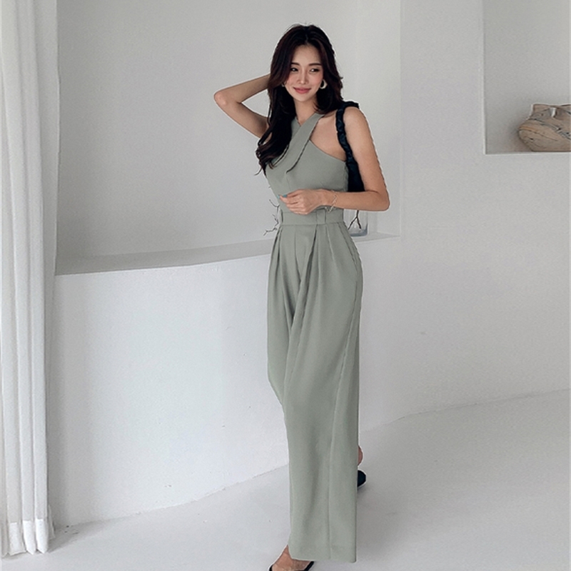 Summer Female Elegant Slim Jumpsuit Trousers Women Casual Office OL Sexy Halter Wide leg pants Overalls 210519
