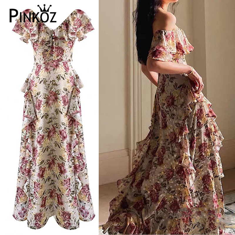 victorian flower printed slash neck sweet elegant maxi asymmetrical ruffles high quality dresses christmas 210421