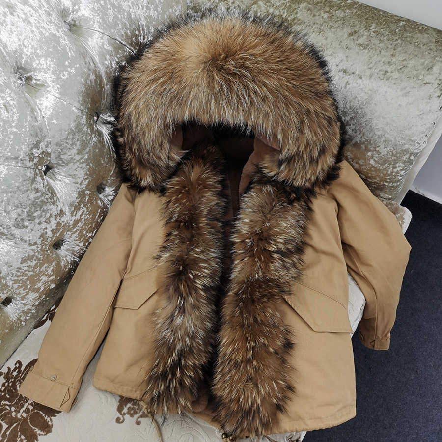 MAOMAOKONG Winter Clothes Women Natural fur coat Real Raccoon Fur Collar Parkas Faux Fur Lining Short Jacket Women Coat 211019