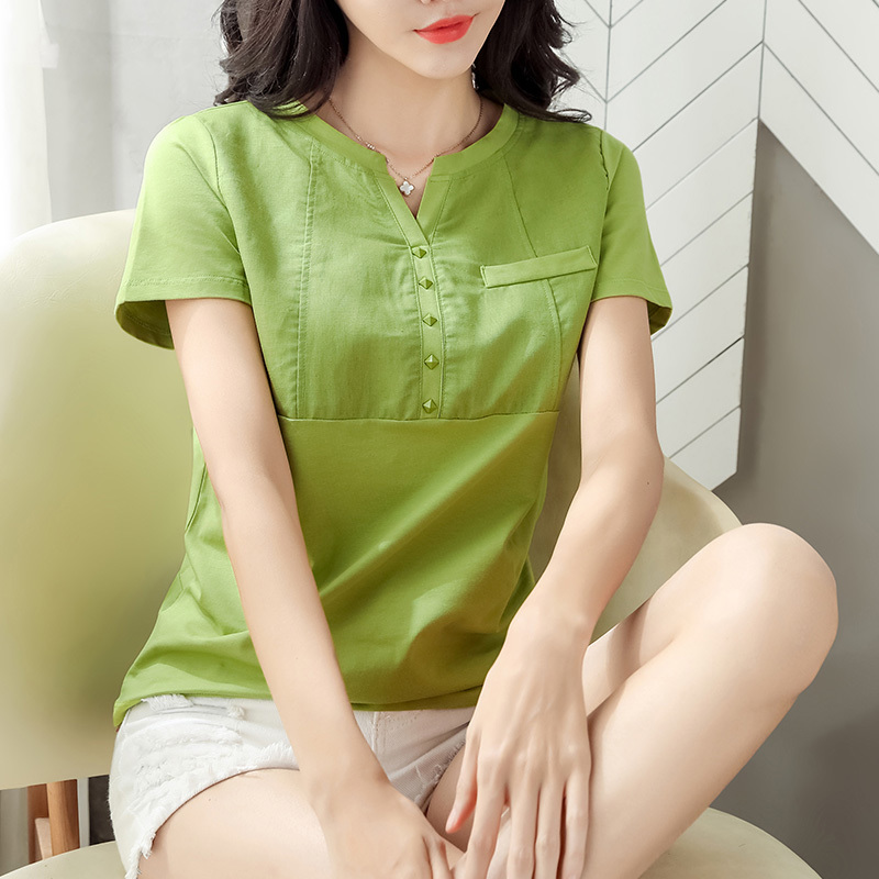Summer Tops Women Solid Short Sleeve Tshirt Office Lady Casual V-neck T-shirt Clothes Camiseta Mujer 8588 50 210508