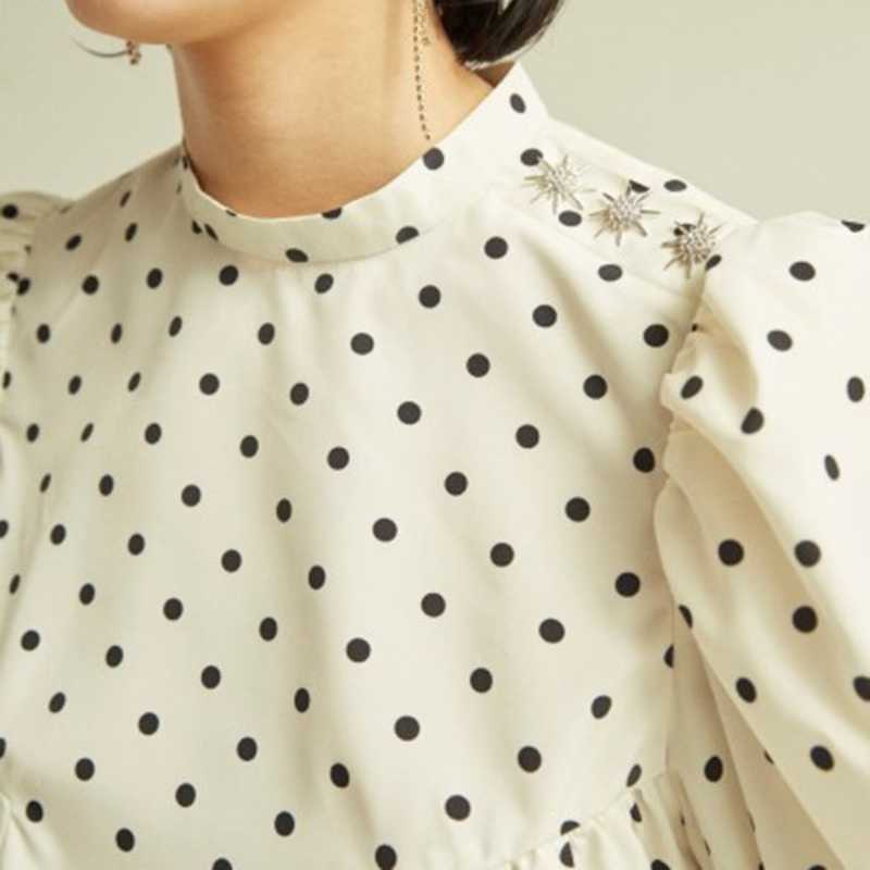 Simple Stand Collar Puff Half Sleeve Shoulder Button Shirts Sweet Japan Style Polka Dot Blouse Women All Match Blusas Mujer Moda 210525