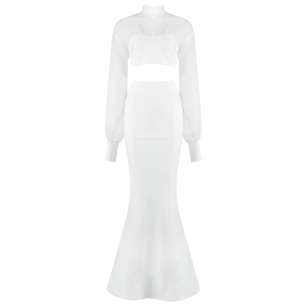 Women Set Bandage Elegant Party Club Celebrity Two Piece White Top Skirts Long Sleeve Suits Ladies Clothes 210515