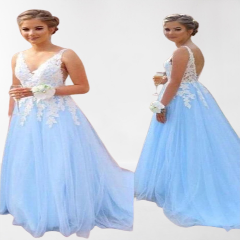 Light Blue A Line Prom Dress Lace Applique Long Evening Gown Graduation Party Formal Dresses