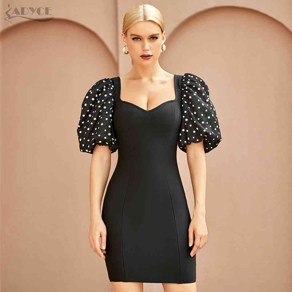 Summer Women Bodycon Bandage Dress Sexy V Neck Short Lantern Sleeve Mini Celebrity Club Evening Party Lady 210423