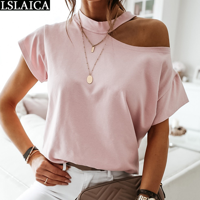 tshirt short sleeve solid color loose stand collar summer women clothes polyester casual off the shoulder woman top crop 210520